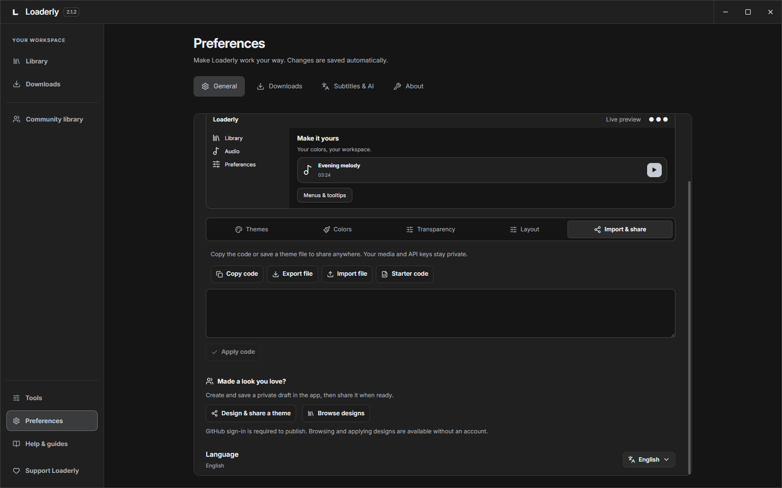 6. Save, import or share your theme