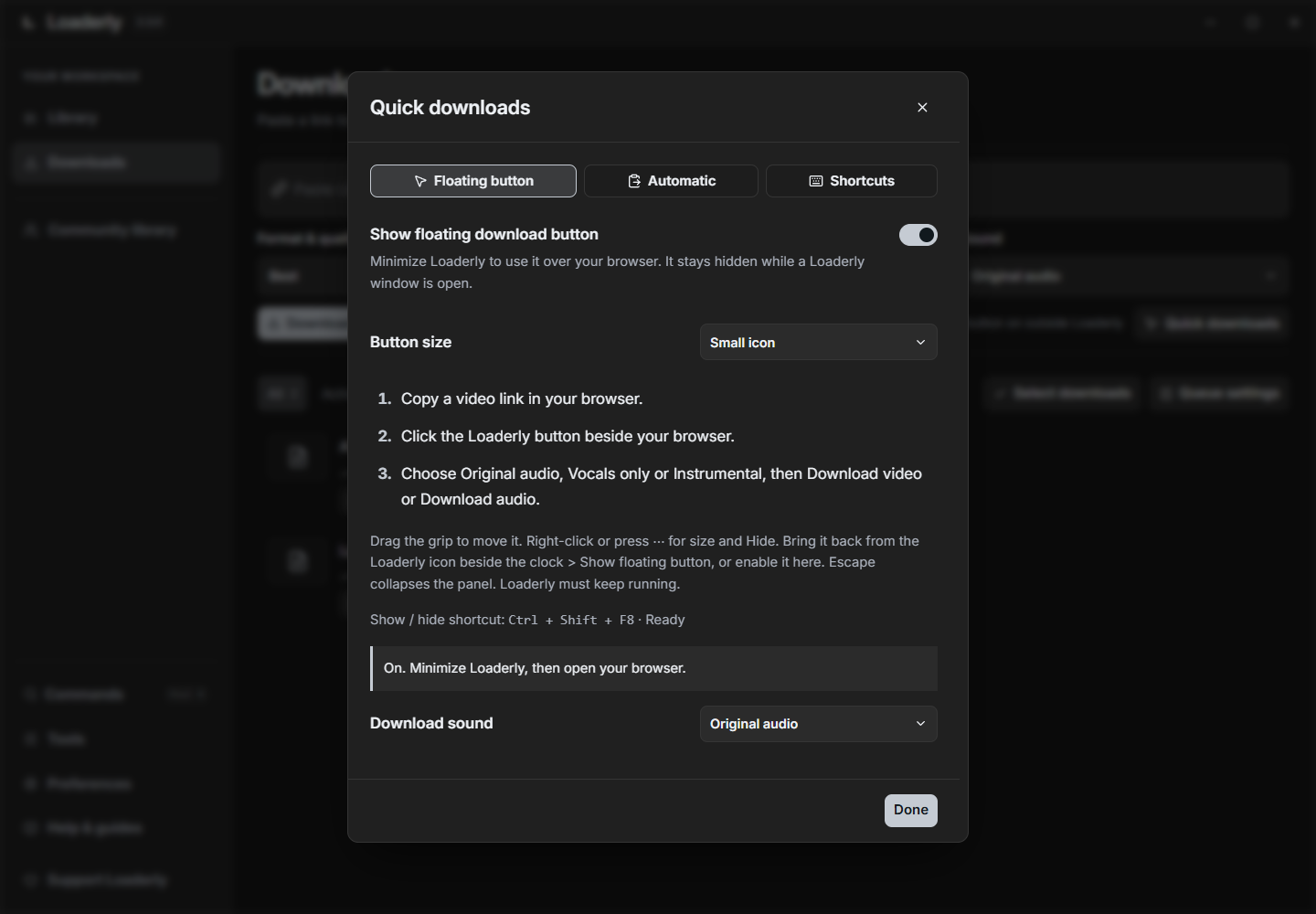 Floating button and quick downloads