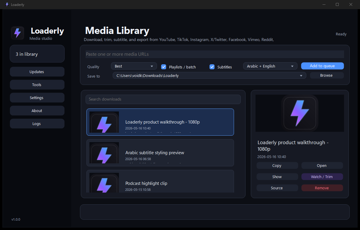 Original Loaderly 1.0.0 downloads interface