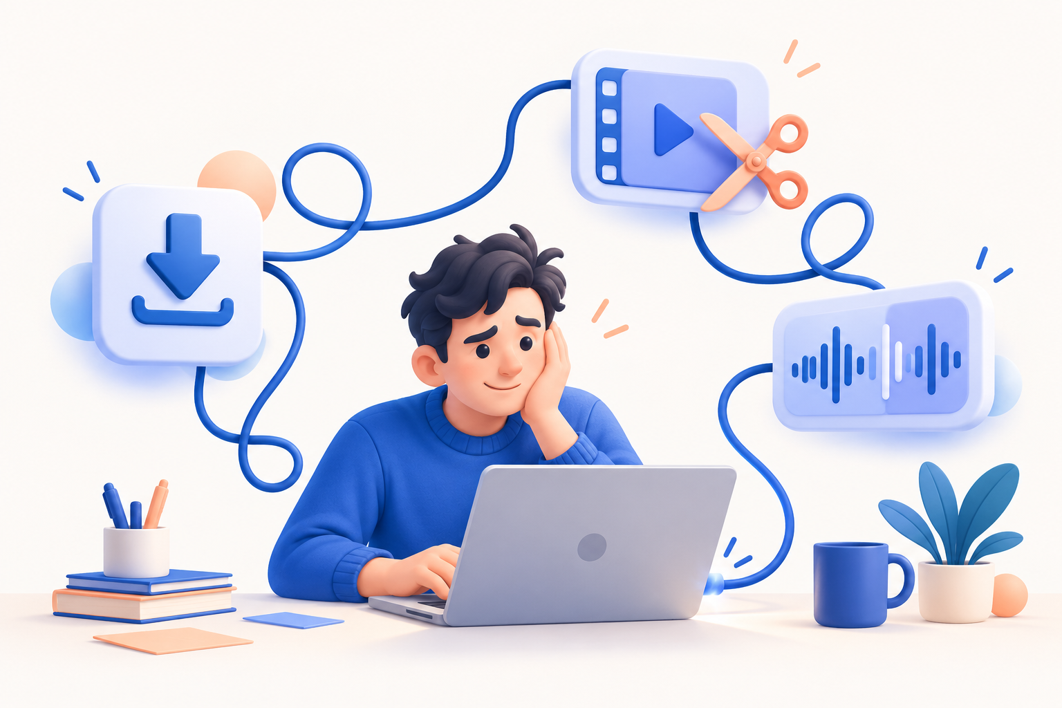 An expressive illustration of a maker surrounded by separate media tools